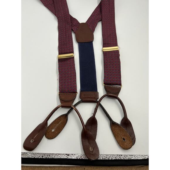 CAS W Germany Red Blue Print Suspenders Braces Silk Brass Brown Button Leather - Picture 2 of 4